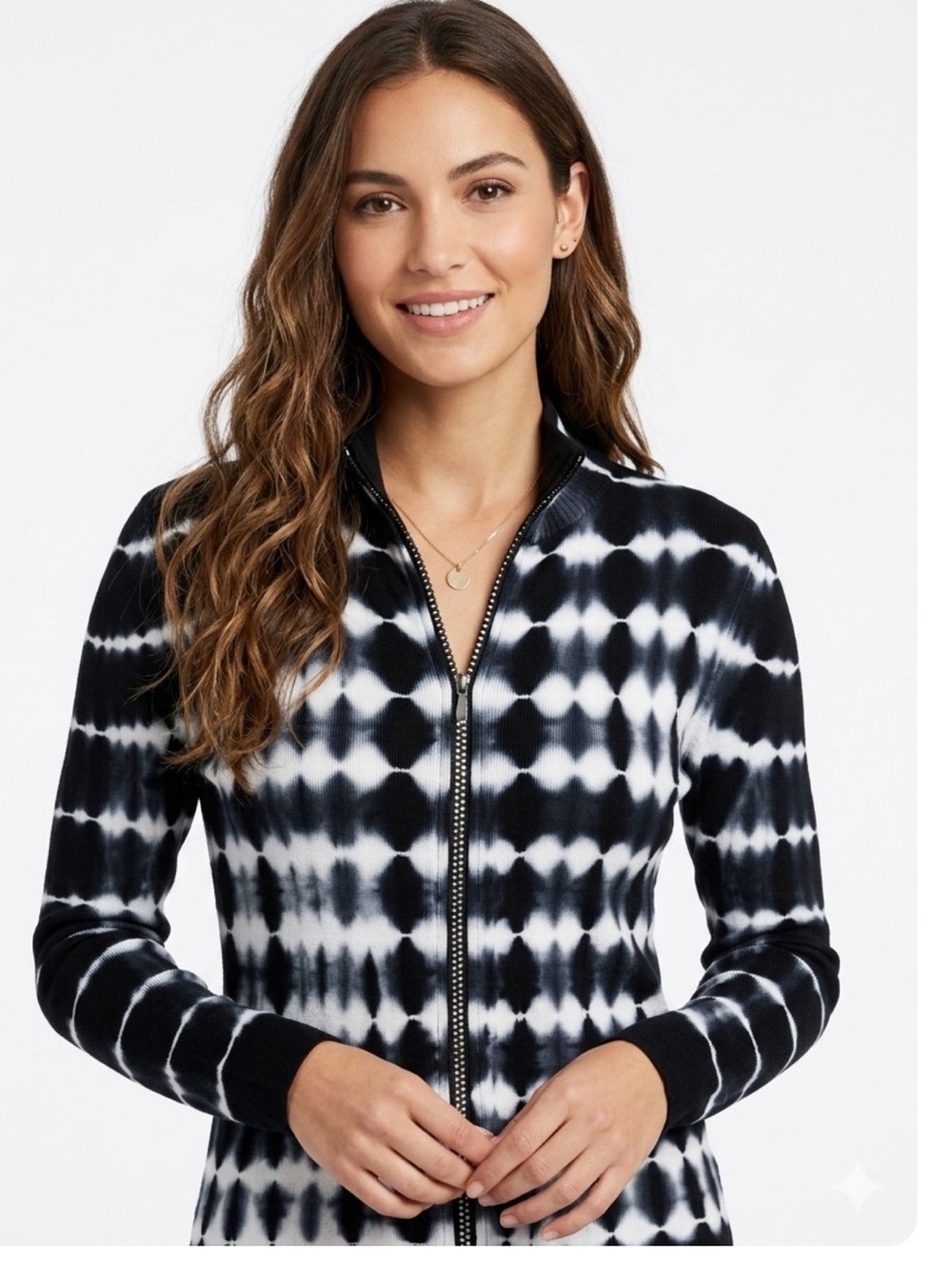 Belldini Black & White Horizontal Tie-Dye Zip Front Cardigan Mock Neck